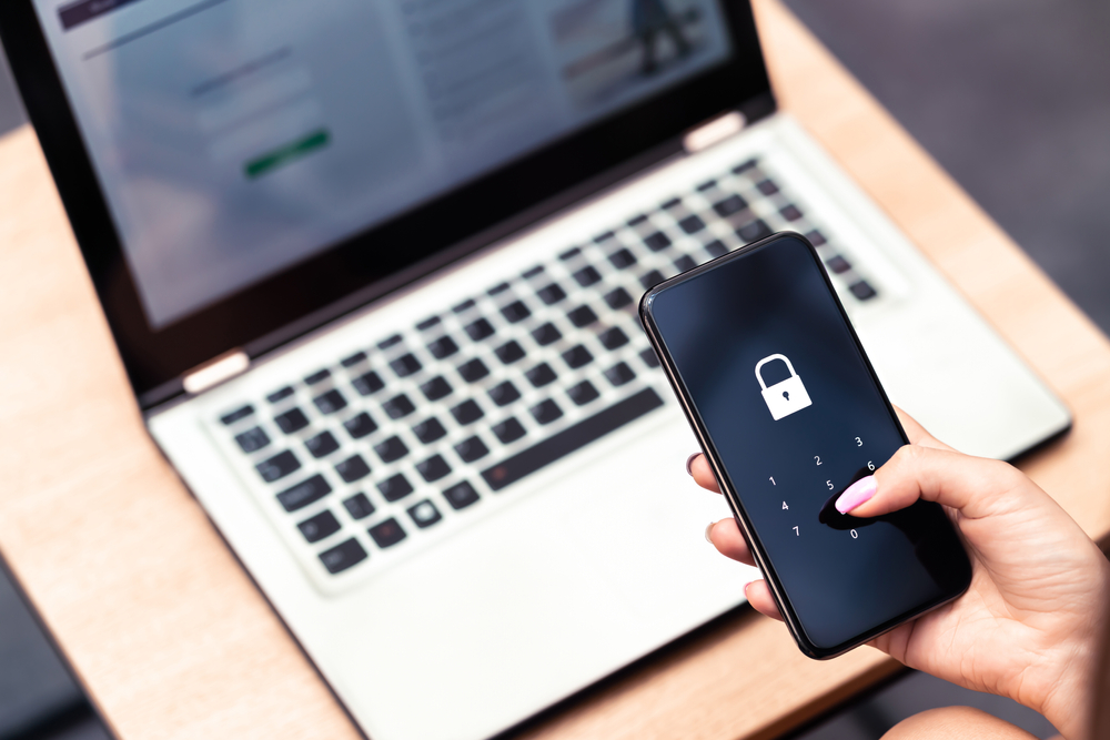 Phone password lock for mobile cybersecurity and login verification passcode in online banking apps. Ensuring data privacy and protection from hackers and identity thieves.